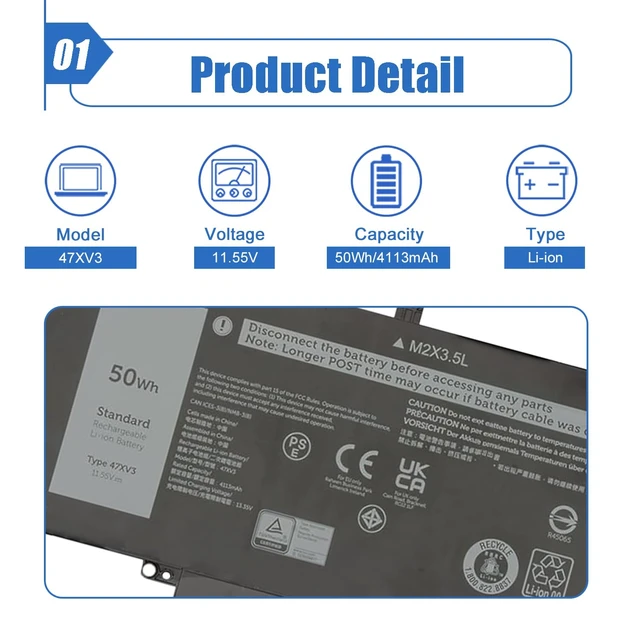 Alt view image 2 of 6 - 50Wh 47XV3 Laptop Battery Replacement for Dell Latitude 9330 2-in-1 Latitude 9330 Series 047XV3 GK1M0 0GK1M0 11.55V 4113mAh