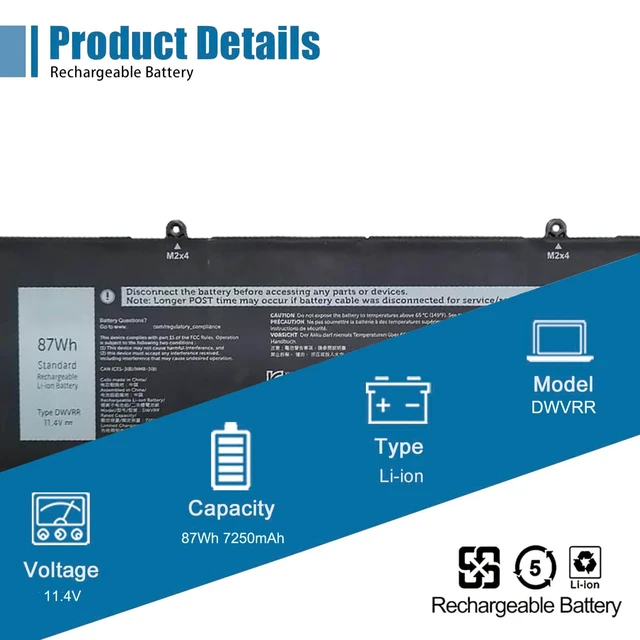 Alt view image 2 of 6 - DWVRR Laptop Battery Replacement for Dell Alienware X15 R1 NAWX15R101 Series Notebook 817GN 11.4V 87Wh 7250mAh