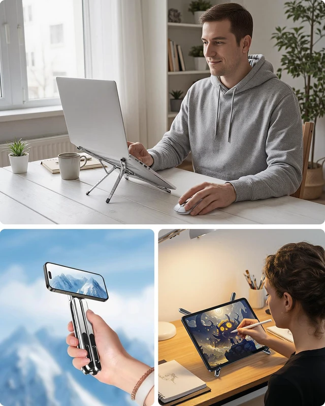 Alt view image 2 of 6 - Adjustable Laptop Stand, 3-in-1 Magnetic Stand for Laptop & Tablet Multi-angle adjustment, magnetic support and non-slip pads in a lightweight aluminum alloy design. Foldable for easy travel