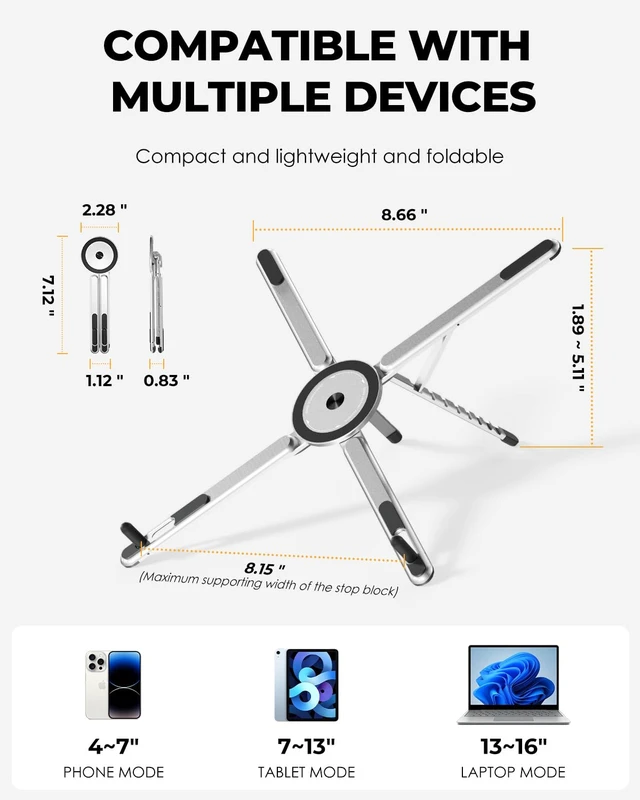 Alt view image 3 of 6 - Adjustable Laptop Stand, 3-in-1 Magnetic Stand for Laptop & Tablet Multi-angle adjustment, magnetic support and non-slip pads in a lightweight aluminum alloy design. Foldable for easy travel
