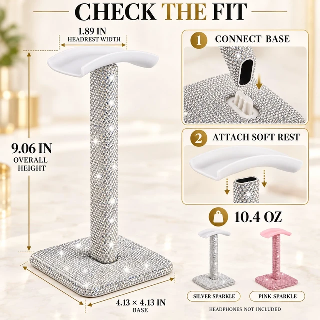Alt view image 2 of 7 - Headphone Stand for Desk, Silver Rhinestone Crystal Headset Holder Store over-ear headphones on a soft curved rest with anti-slip feet and a silver crystal finish made for modern desks