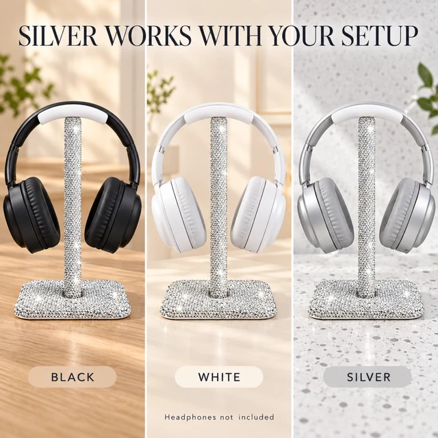Alt view image 4 of 7 - Headphone Stand for Desk, Silver Rhinestone Crystal Headset Holder Store over-ear headphones on a soft curved rest with anti-slip feet and a silver crystal finish made for modern desks