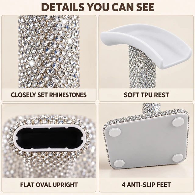 Alt view image 3 of 7 - Headphone Stand for Desk, Silver Rhinestone Crystal Headset Holder Store over-ear headphones on a soft curved rest with anti-slip feet and a silver crystal finish made for modern desks