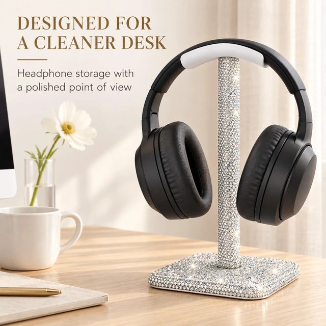 Alt view image 5 of 7 - Headphone Stand for Desk, Silver Rhinestone Crystal Headset Holder Store over-ear headphones on a soft curved rest with anti-slip feet and a silver crystal finish made for modern desks