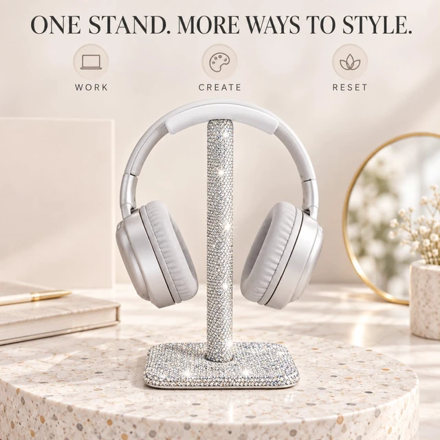 Alt view image 6 of 7 - Headphone Stand for Desk, Silver Rhinestone Crystal Headset Holder Store over-ear headphones on a soft curved rest with anti-slip feet and a silver crystal finish made for modern desks