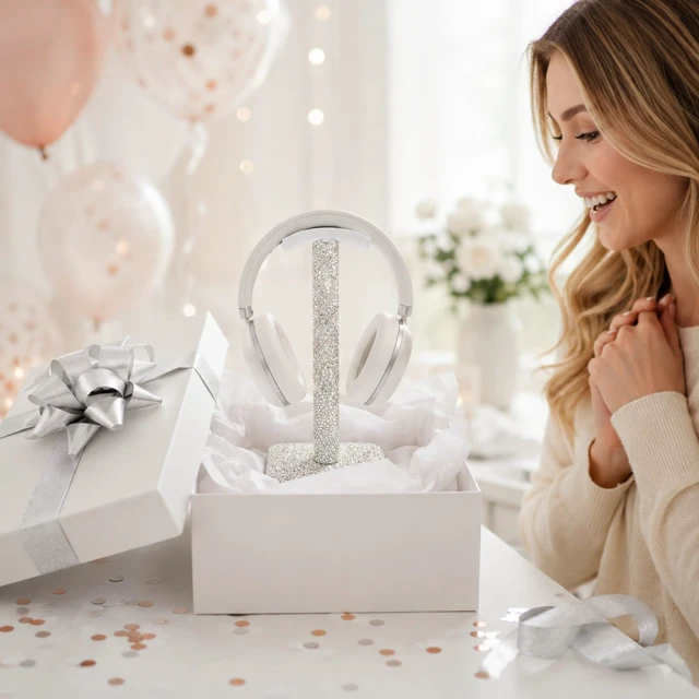Alt view image 7 of 7 - Headphone Stand for Desk, Silver Rhinestone Crystal Headset Holder Store over-ear headphones on a soft curved rest with anti-slip feet and a silver crystal finish made for modern desks