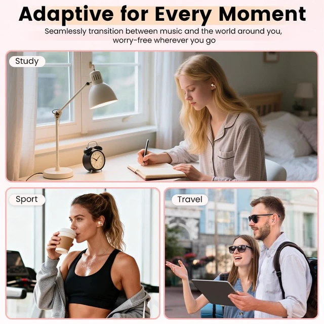 Alt view image 2 of 7 - Clip On Ear Headphones with a Makeup Mirror, Open Ear Earbuds Wireless Bluetooth Earbuds,Ultra-Long Battery Life, for Android/iOS Phones (Rose Gold)