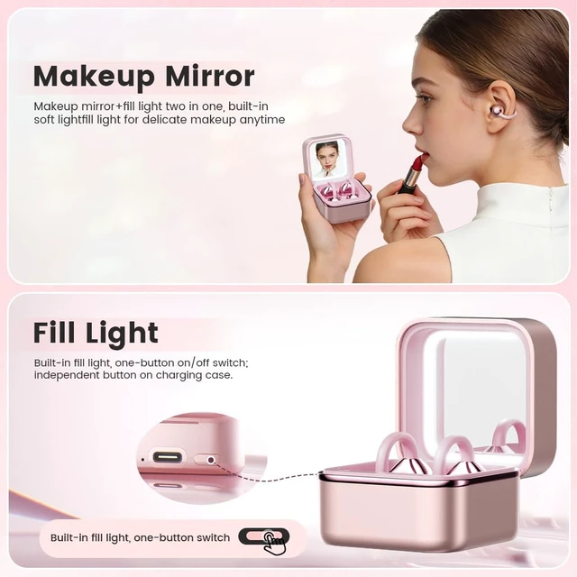 Alt view image 3 of 7 - Clip On Ear Headphones with a Makeup Mirror, Open Ear Earbuds Wireless Bluetooth Earbuds,Ultra-Long Battery Life, for Android/iOS Phones (Rose Gold)