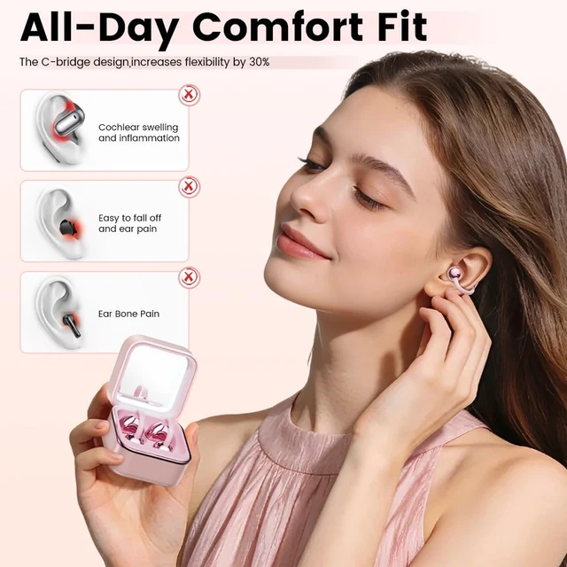 Alt view image 4 of 7 - Clip On Ear Headphones with a Makeup Mirror, Open Ear Earbuds Wireless Bluetooth Earbuds,Ultra-Long Battery Life, for Android/iOS Phones (Rose Gold)