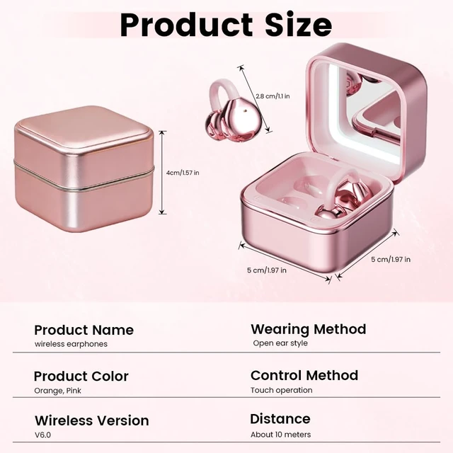 Alt view image 5 of 7 - Clip On Ear Headphones with a Makeup Mirror, Open Ear Earbuds Wireless Bluetooth Earbuds,Ultra-Long Battery Life, for Android/iOS Phones (Rose Gold)
