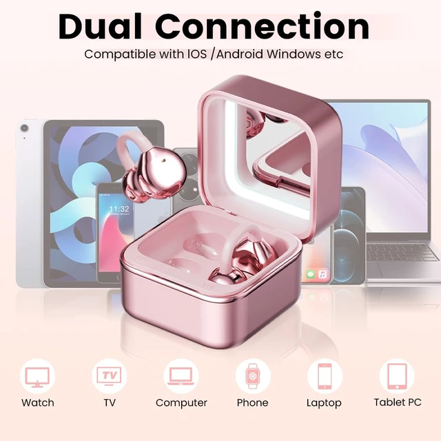 Alt view image 7 of 7 - Clip On Ear Headphones with a Makeup Mirror, Open Ear Earbuds Wireless Bluetooth Earbuds,Ultra-Long Battery Life, for Android/iOS Phones (Rose Gold)