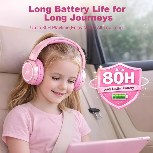 Alt view image 2 of 6 - Kids Bluetooth Headphones Kids, 80H Playtime, Foldable Lightweight Wireless with Microphone Headset for Home School Travel (Pink)
