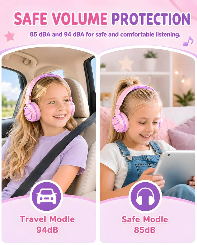Alt view image 2 of 6 - Kids Bluetooth Headphones, 80H Playtime Lightweight Wireless Headphones for Kids, 85/94dB Safe Volume Limit, Bluetooth 5.4, Built-in Mic kids headphones for School, Travel, iPad, Tablet (Pinkpurple)