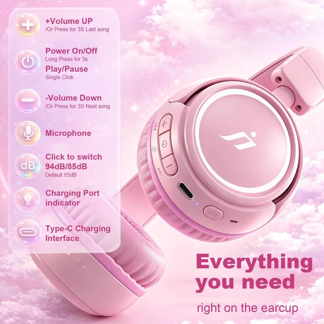 Alt view image 6 of 6 - Kids Bluetooth Headphones Kids, 80H Playtime, Foldable Lightweight Wireless with Microphone Headset for Home School Travel (Pink)