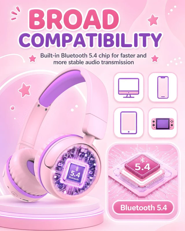 Alt view image 5 of 6 - Kids Bluetooth Headphones, 80H Playtime Lightweight Wireless Headphones for Kids, 85/94dB Safe Volume Limit, Bluetooth 5.4, Built-in Mic kids headphones for School, Travel, iPad, Tablet (Pinkpurple)