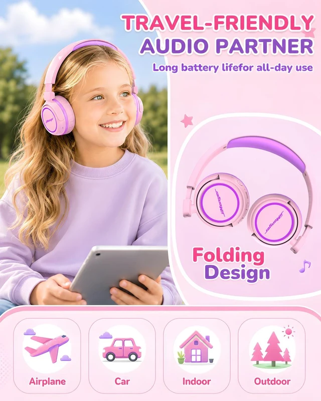Alt view image 3 of 6 - Kids Bluetooth Headphones, 80H Playtime Lightweight Wireless Headphones for Kids, 85/94dB Safe Volume Limit, Bluetooth 5.4, Built-in Mic kids headphones for School, Travel, iPad, Tablet (Pinkpurple)