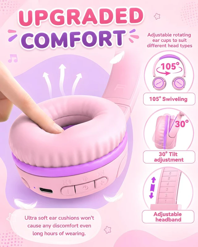 Alt view image 6 of 6 - Kids Bluetooth Headphones, 80H Playtime Lightweight Wireless Headphones for Kids, 85/94dB Safe Volume Limit, Bluetooth 5.4, Built-in Mic kids headphones for School, Travel, iPad, Tablet (Pinkpurple)