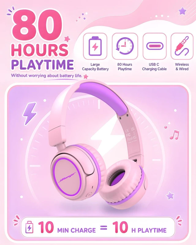 Alt view image 4 of 6 - Kids Bluetooth Headphones, 80H Playtime Lightweight Wireless Headphones for Kids, 85/94dB Safe Volume Limit, Bluetooth 5.4, Built-in Mic kids headphones for School, Travel, iPad, Tablet (Pinkpurple)