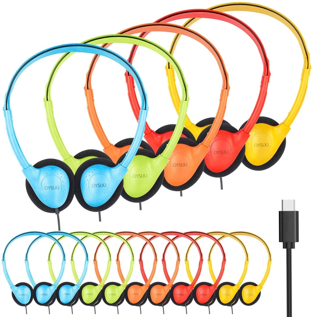 Main image of Bulk Classroom Headphones USB C for School, 5 Pack Wired On Ear USB Type C Kids Headphones for Students Teens Adults, Compatible with Chromebook Laptop PC for Home Travel Mixed Colors