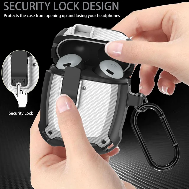 Alt view image 2 of 7 - Compatible Google Pixel Bud Pro & Bud Pro 2 Case Lock Clip with Cleaner Kit, Military Shell Protective Armor Cover with Lock & Carabiner for Google Pixel Buds Pro 2022/2024, Black/White