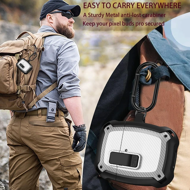 Alt view image 5 of 7 - Compatible Google Pixel Bud Pro & Bud Pro 2 Case Lock Clip with Cleaner Kit, Military Shell Protective Armor Cover with Lock & Carabiner for Google Pixel Buds Pro 2022/2024, Black/White