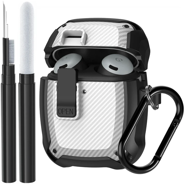 Main image of Compatible Google Pixel Bud Pro & Bud Pro 2 Case Lock Clip with Cleaner Kit, Military Shell Protective Armor Cover with Lock & Carabiner for Google Pixel Buds Pro 2022/2024, Black/White