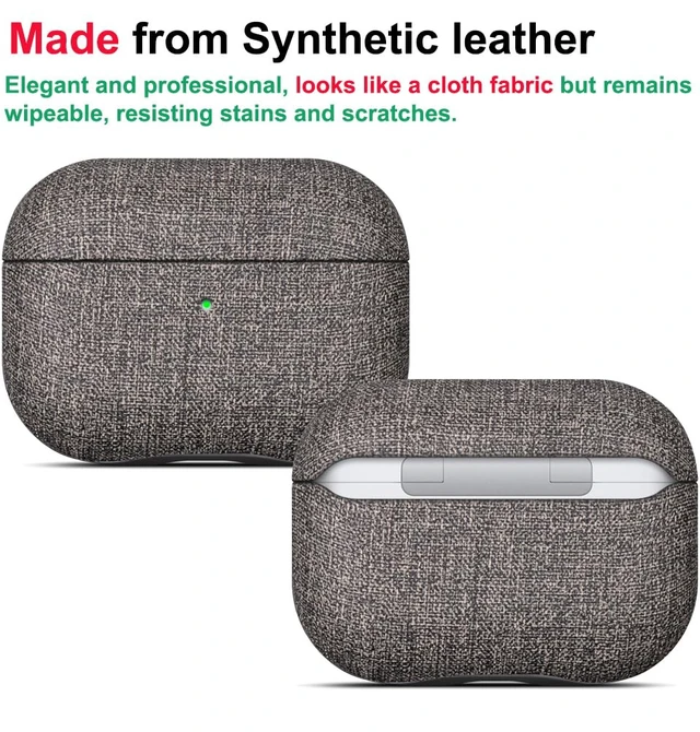Alt view image 2 of 7 - Case for AirPods Pro 2 - Canvas Style PU Leather - Gray Slim Design Adds Minimal Bulk - Handmade Vegan Leather Hard Shell Cover - AirPods Pro 2nd Generation Case with Wrist Lanyard