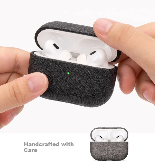 Alt view image 4 of 7 - Case for AirPods Pro 2 - Canvas Style PU Leather - Gray Slim Design Adds Minimal Bulk - Handmade Vegan Leather Hard Shell Cover - AirPods Pro 2nd Generation Case with Wrist Lanyard
