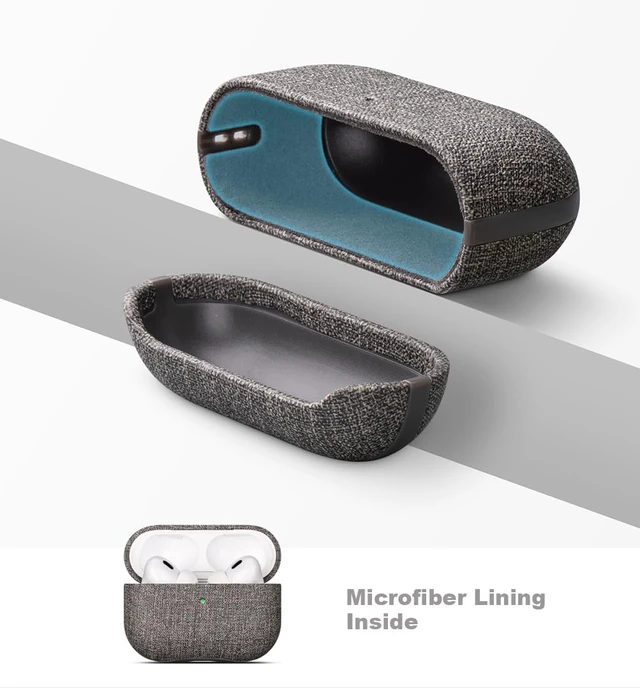Alt view image 5 of 7 - Case for AirPods Pro 2 - Canvas Style PU Leather - Gray Slim Design Adds Minimal Bulk - Handmade Vegan Leather Hard Shell Cover - AirPods Pro 2nd Generation Case with Wrist Lanyard