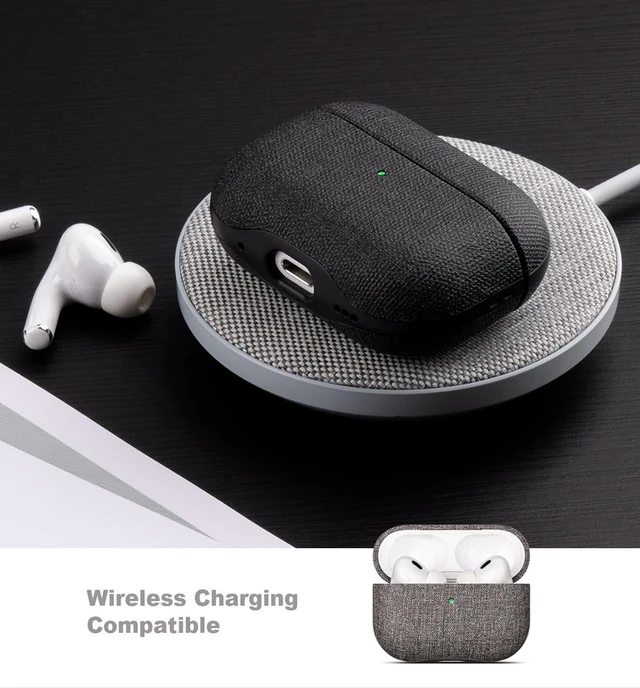 Alt view image 6 of 7 - Case for AirPods Pro 2 - Canvas Style PU Leather - Gray Slim Design Adds Minimal Bulk - Handmade Vegan Leather Hard Shell Cover - AirPods Pro 2nd Generation Case with Wrist Lanyard