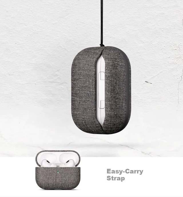 Alt view image 7 of 7 - Case for AirPods Pro 2 - Canvas Style PU Leather - Gray Slim Design Adds Minimal Bulk - Handmade Vegan Leather Hard Shell Cover - AirPods Pro 2nd Generation Case with Wrist Lanyard