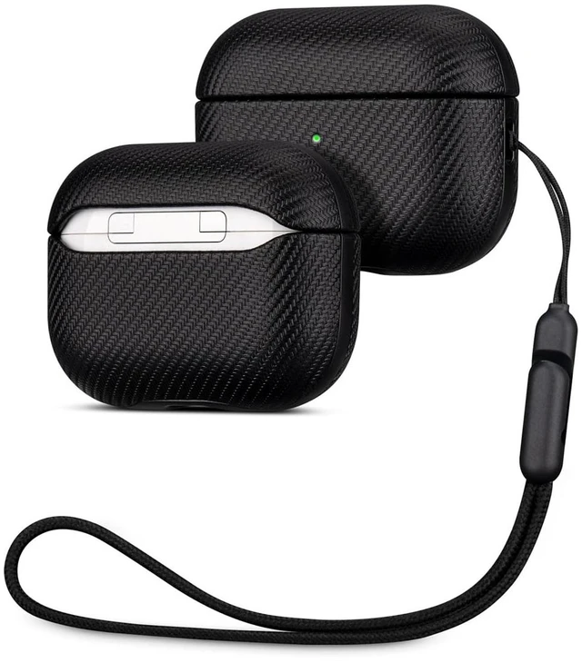 Main image of Case for AirPods Pro 2 - Carbon Fiber Style PU Leather - Black Slim Design Adds Minimal Bulk - Handmade Vegan Leather Hard Shell Cover - AirPods Pro 2nd Generation Case with Wrist Lanyard