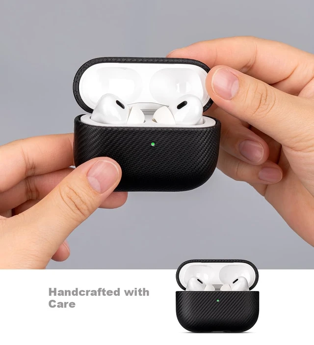 Alt view image 3 of 7 - Case for AirPods Pro 2 - Carbon Fiber Style PU Leather - Black Slim Design Adds Minimal Bulk - Handmade Vegan Leather Hard Shell Cover - AirPods Pro 2nd Generation Case with Wrist Lanyard