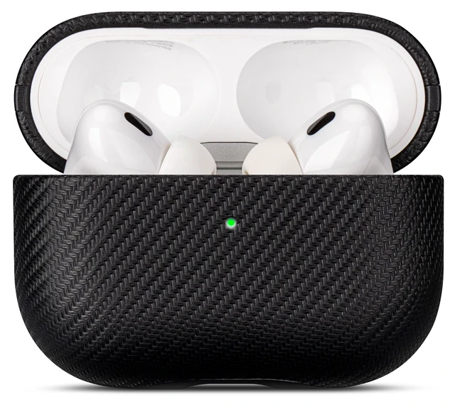 Alt view image 7 of 7 - Case for AirPods Pro 2 - Carbon Fiber Style PU Leather - Black Slim Design Adds Minimal Bulk - Handmade Vegan Leather Hard Shell Cover - AirPods Pro 2nd Generation Case with Wrist Lanyard