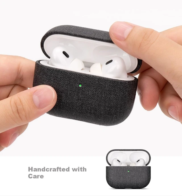 Alt view image 4 of 7 - Case for AirPods Pro 2 - Canvas Style PU Leather - Black Slim Design Adds Minimal Bulk - Handmade Vegan Leather Hard Shell Cover - AirPods Pro 2nd Generation Case with Wrist Lanyard