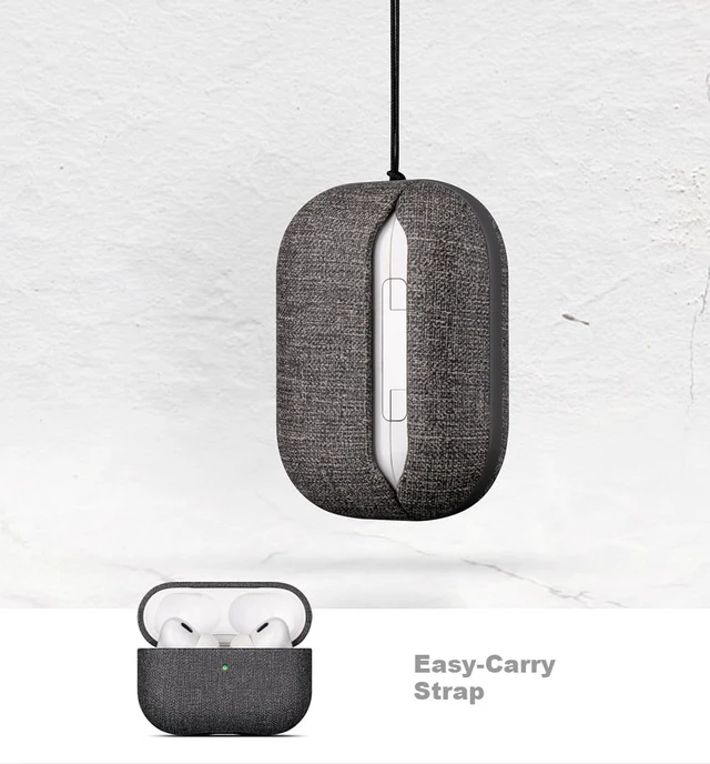 Alt view image 7 of 7 - Case for AirPods Pro 2 - Canvas Style PU Leather - Black Slim Design Adds Minimal Bulk - Handmade Vegan Leather Hard Shell Cover - AirPods Pro 2nd Generation Case with Wrist Lanyard