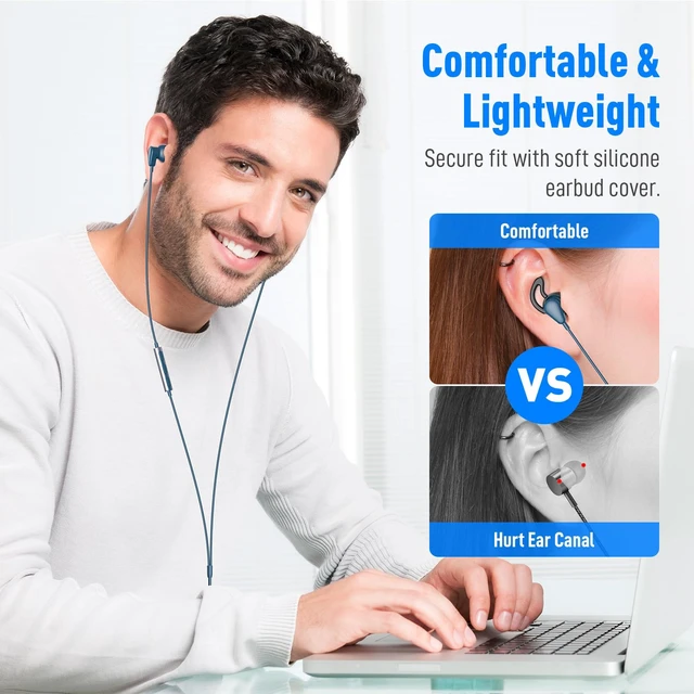 Alt view image 3 of 7 - Wired Earbuds 3.5mm Headphones for Macbook Air/Chromebook/Laptop/PC Blue Corded Aux Earphones Plug-in Earbuds with Mic Volume Control,Wing-Cover for iPhone/Samsung/Android/School/Kid/Airplane/Travel