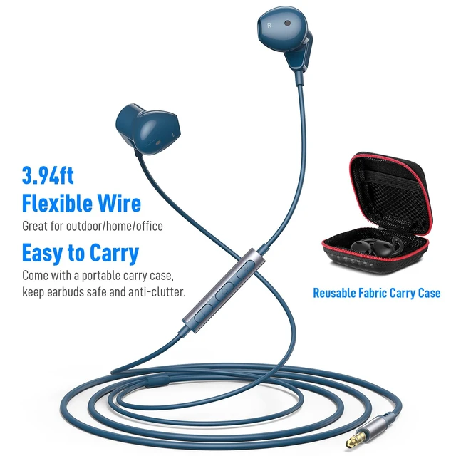 Alt view image 4 of 7 - Wired Earbuds 3.5mm Headphones for Macbook Air/Chromebook/Laptop/PC Blue Corded Aux Earphones Plug-in Earbuds with Mic Volume Control,Wing-Cover for iPhone/Samsung/Android/School/Kid/Airplane/Travel