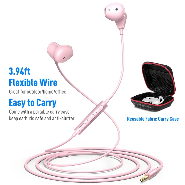 Alt view image 4 of 7 - Wired Earbuds 3.5mm Headphones for Macbook Air/Chromebook/Laptop/PC Pink Corded Aux Earphones Plug-in Earbuds with Mic Volume Control,Wing-Cover for iPhone/Samsung/Android/School/Kid/Airplane/Travel