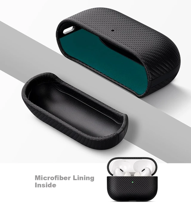 Alt view image 4 of 7 - Case for AirPods Pro 2 - Carbon Fiber Style PU Leather - Black Slim Design Adds Minimal Bulk - Handmade Vegan Leather Hard Shell Cover - AirPods Pro 2nd Generation Case with Wrist Lanyard