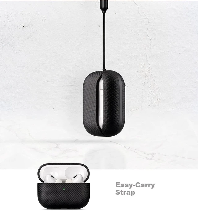 Alt view image 5 of 7 - Case for AirPods Pro 2 - Carbon Fiber Style PU Leather - Black Slim Design Adds Minimal Bulk - Handmade Vegan Leather Hard Shell Cover - AirPods Pro 2nd Generation Case with Wrist Lanyard