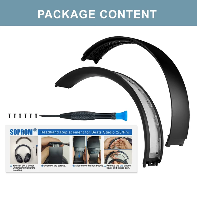 Alt view image 4 of 4 - Top & Bottom Headband Rubber Replacement Cover for Beats Studio Pro Noise Cancelling Headphones, Plastic Headstrap Pad Repair Parts-Black