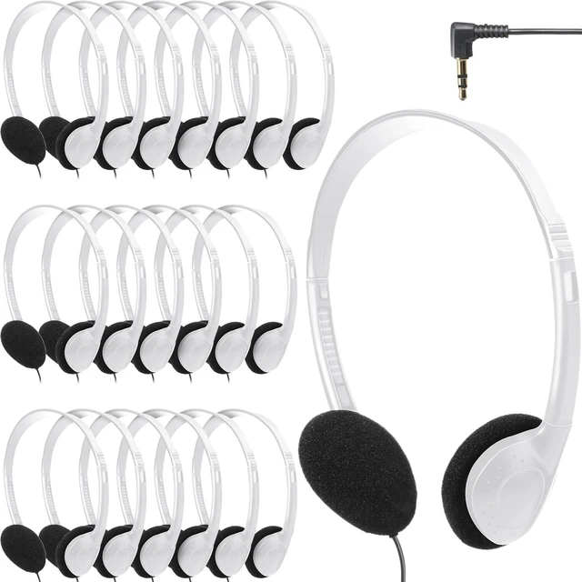 Main image of 20 Pack Headphones Bulk Libraries Wired on Ear Headphones, White Foam Cushioned Lightweight, 3.5mm Jack for Libraries Labs, for Boys Girls Adults