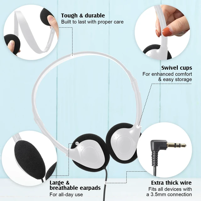 Alt view image 3 of 7 - 20 Pack Headphones Bulk Libraries Wired on Ear Headphones, White Foam Cushioned Lightweight, 3.5mm Jack for Libraries Labs, for Boys Girls Adults