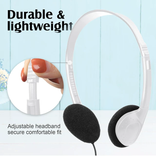 Alt view image 5 of 7 - 20 Pack Headphones Bulk Libraries Wired on Ear Headphones, White Foam Cushioned Lightweight, 3.5mm Jack for Libraries Labs, for Boys Girls Adults