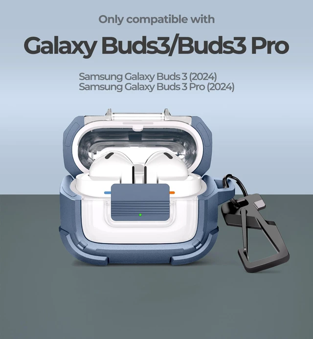 Alt view image 2 of 7 - Rugged Bumper Case for Samsung Galaxy Buds3 FE (2025) / Buds3 Pro and Buds3 (2024) Cases with Secure Lock, Shockproof Clear Protective Cover with Carabiner & Keyring Blue