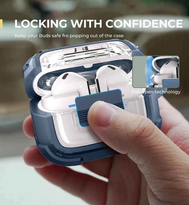 Alt view image 3 of 7 - Rugged Bumper Case for Samsung Galaxy Buds3 FE (2025) / Buds3 Pro and Buds3 (2024) Cases with Secure Lock, Shockproof Clear Protective Cover with Carabiner & Keyring Blue