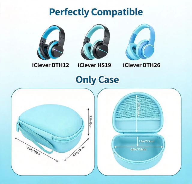 Alt view image 2 of 7 - Case for iClever BTH12/HS19/BTH26 Kids Headphones, Green Protective Carrying Bag Hard Shell Shockproof, Portable Headphone Storage with Mesh Bag Lightweight Boys &Girls
