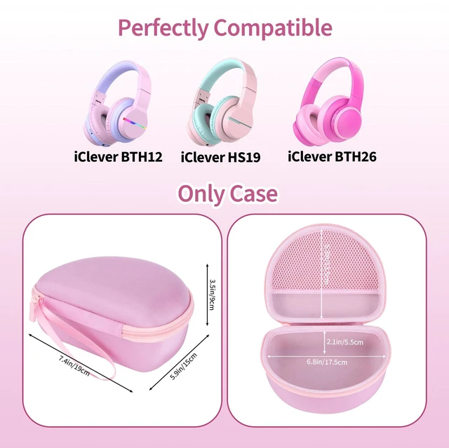 Alt view image 2 of 7 - Kids Headphones Case for iClever BTH12/HS19/BTH26 Folding Headphones, Pink Protective Carrying Bag Hard Shell Shockproof, Portable Headphone Storage with Mesh Bag Lightweight Boys &Girls