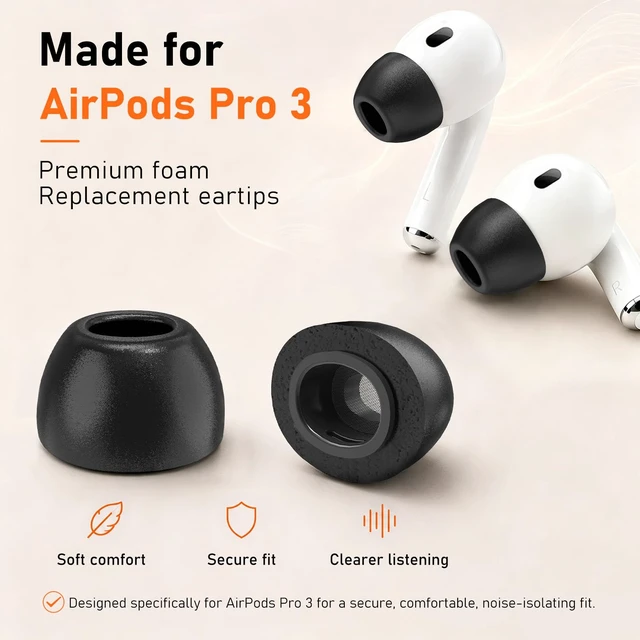 Alt view image 2 of 7 - 6 Pairs Memory Foam Replacement Ear Tips for AirPods Pro 3 Soft Comfort, Clearer Listening, Secure Fit, Charging Friendly, SealCore Tech Eartips for Aipods Pro 3rd Gen (Small, Black)